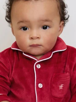 Rood - The Little Tailor luxe kerst onesie-romper van zacht velours voor baby's