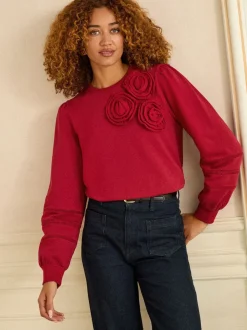 Rood corsagedetail - Love & Roses - Jersey sweatshirt met ronde hals