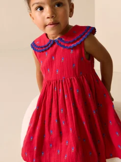 Rood gebloemd - Ric Rac Collar Dress (3mths-8yrs)