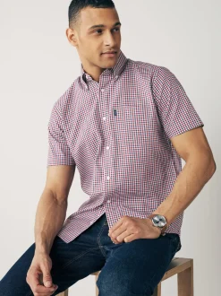 Rood met gingham-ruitje - Strijvrij Oxford overhemd met korte mouwen en knopen