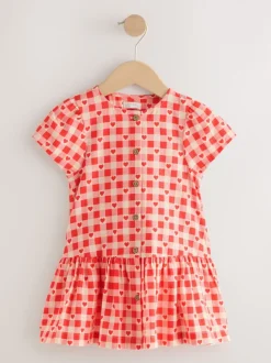 Rood met hartjesprint - Short Sleeve Cotton Dress (3mths-8yrs)
