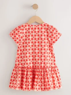 Rood met hartjesprint - Short Sleeve Cotton Dress (3mths-8yrs)