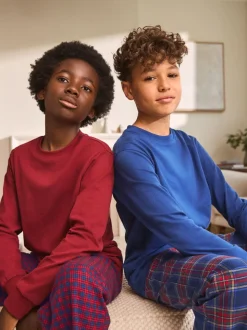 Rood/blauw - Set van 2 geweven geruite pyjama's met lange mouwen (3-16jr)