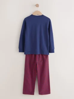 Rood/blauw - Set van 2 geweven geruite pyjama's met lange mouwen (3-16jr)