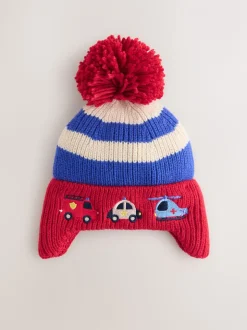 Rood/blauw met hulpvoertuigenprint - Beanie-muts met oorbedekking en pompon (3mnd -10jr)