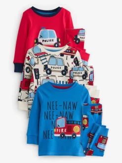 Rood/blauw met hulpvoertuigenprint - Mini Knusse Pyjama's 3 Set (9mnd-10jr)