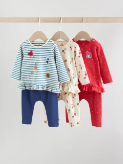 Rood/blauw/crème - 6 -delige set van top met lange mouwen en leggings (0mnd -3jr)