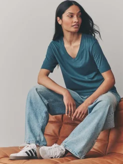 Rood/blauwgroen - Modal slouch T-shirt met korte mouwen verpakking van 3