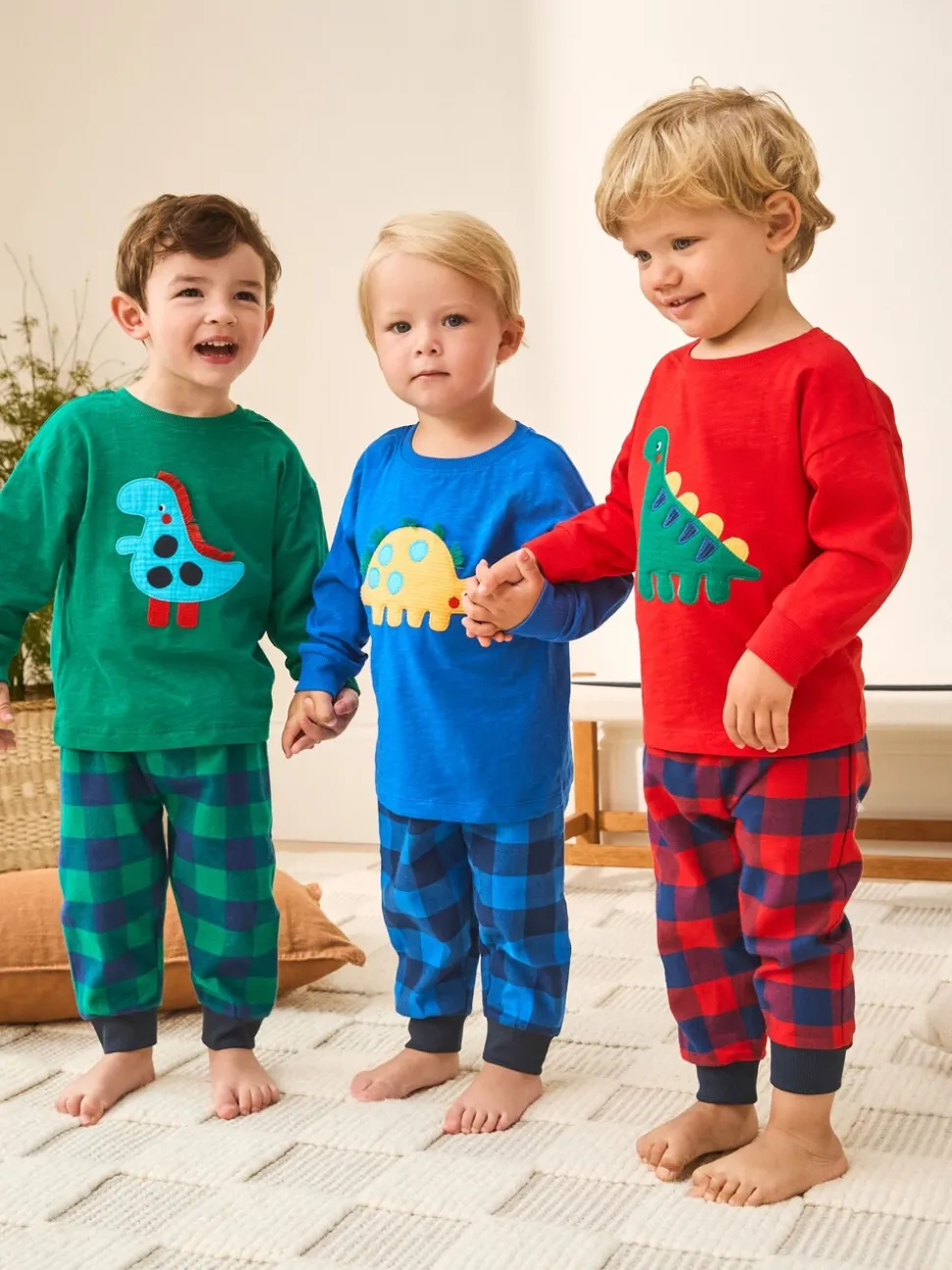 Rood/blauw/groen geruite dinosaurus - Pyjama met geweven onderkant 3 Pack (9mths-12yrs)