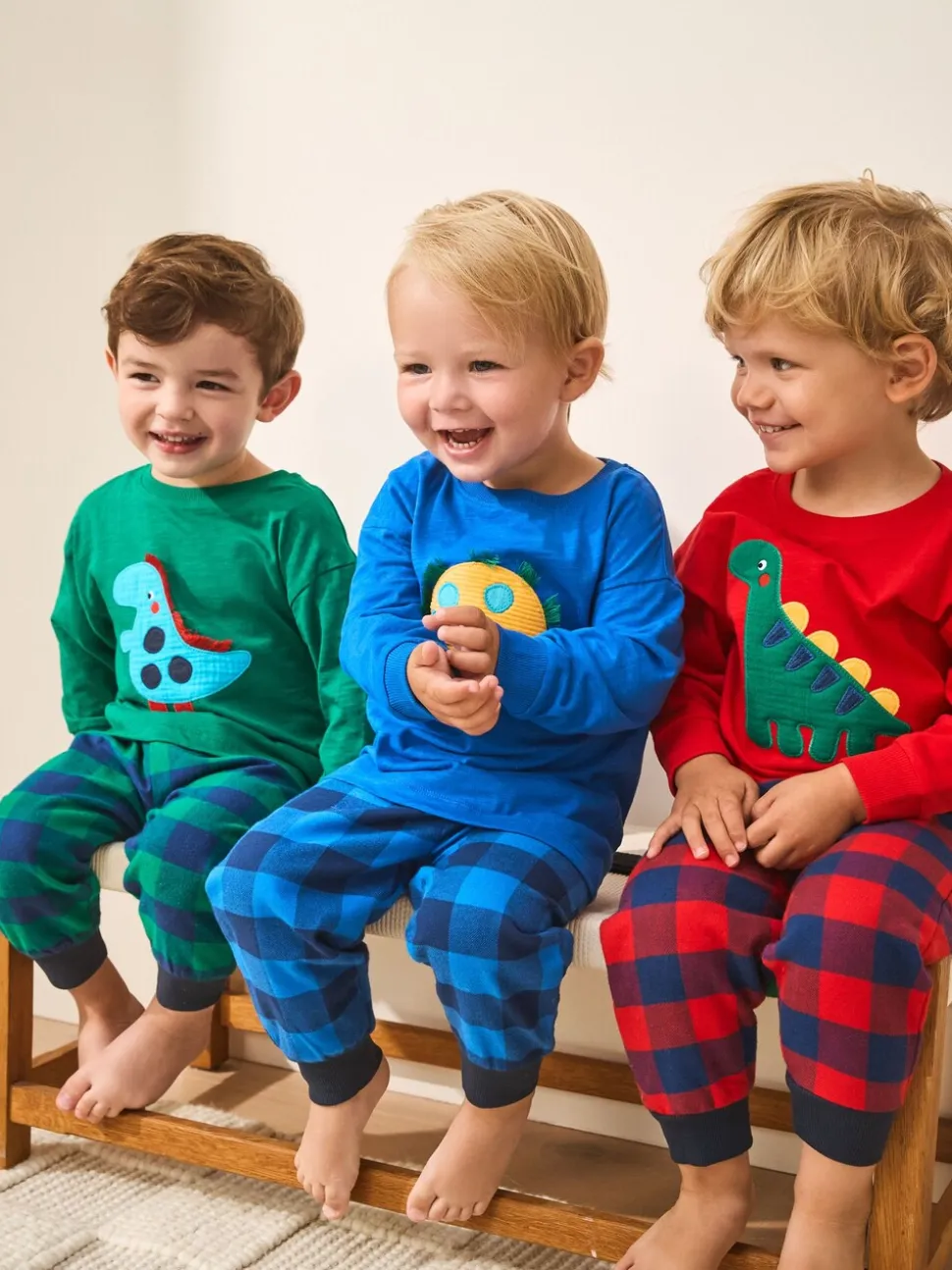 Rood/blauw/groen geruite dinosaurus - Pyjama met geweven onderkant 3 Pack (9mths-12yrs)
