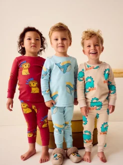 Rood/blauw/neutraal dierenprint - Verpakking van 3 knusse pyjama's (9 mnd-10 jr)