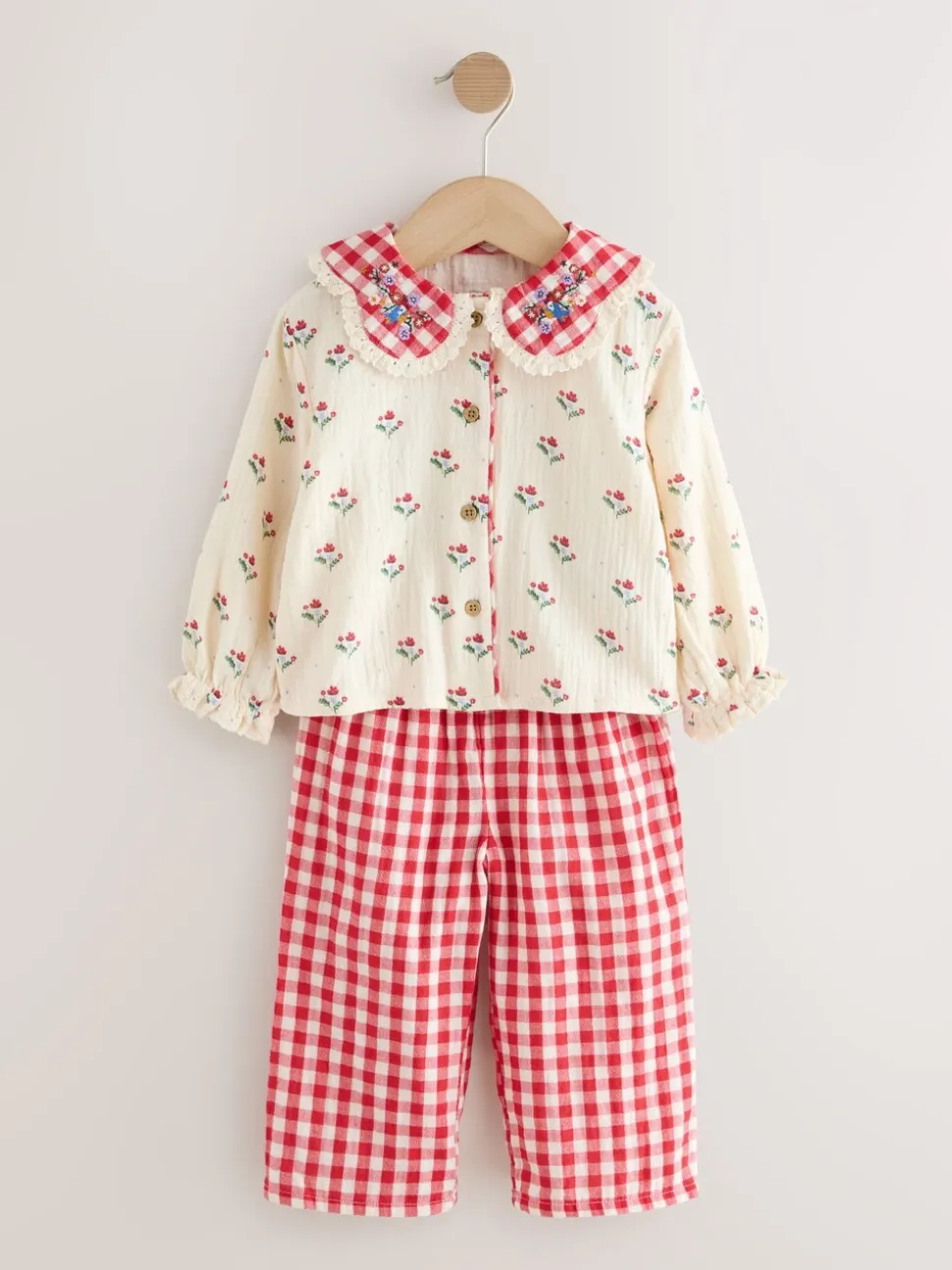 Rood/crèmekleurig - Geweven pyjama met knopen (9 mnd-10 jr)