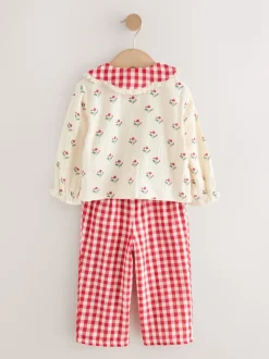 Rood/crèmekleurig - Geweven pyjama met knopen (9 mnd-10 jr)