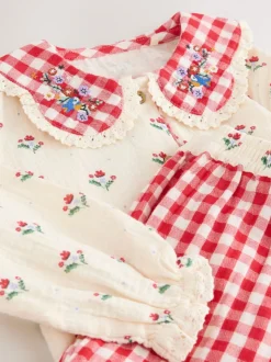 Rood/crèmekleurig - Geweven pyjama met knopen (9 mnd-10 jr)