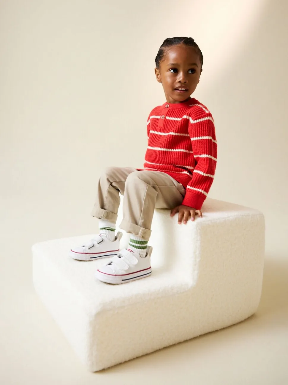Rood/ecru - Knitted Stripe Henley Jumper (3mths-7yrs)