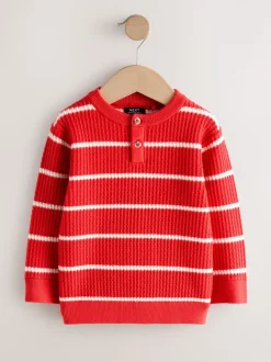 Rood/ecru - Knitted Stripe Henley Jumper (3mths-7yrs)