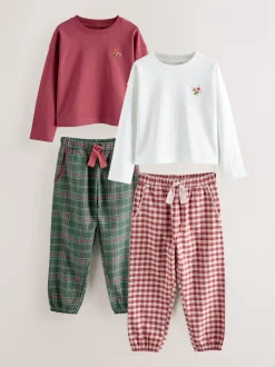 Rood/groen - Set van 2 ruit pyjama's met geweven onderkant (3-16jr)