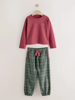 Rood/groen - Set van 2 ruit pyjama's met geweven onderkant (3-16jr)