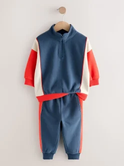 Rood/marineblauw - Set van top met halve rits en joggingbroek (3mnd-7jr)