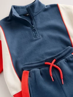 Rood/marineblauw - Set van top met halve rits en joggingbroek (3mnd-7jr)