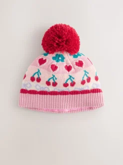 Roze - Baby gebreide Hoed met kersen Fairisle-patroon en pompon (0mnd -2jr)