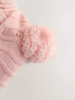 Roze - Baby Pointelle Pilotenmuts met Dubbele Pompon (0mnd-2jr)