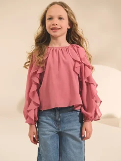 Roze - Blouse met lange mouwen en ruches (3-16jr)