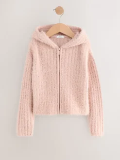 Roze - Donzige doorlopende rits hoodie (3-16jr)
