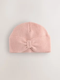 Roze - Gebreide babymuts met strik en tulband (0mnd-2jr)