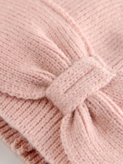 Roze - Gebreide babymuts met strik en tulband (0mnd-2jr)
