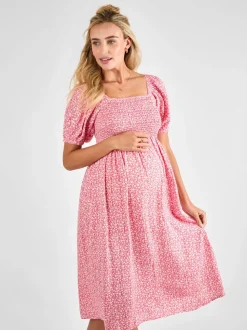 Roze - JoJo Maman Bébé gesmokte midi-zwangerschapsjurk met bloemenprint