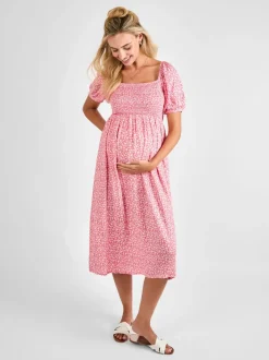Roze - JoJo Maman Bébé gesmokte midi-zwangerschapsjurk met bloemenprint