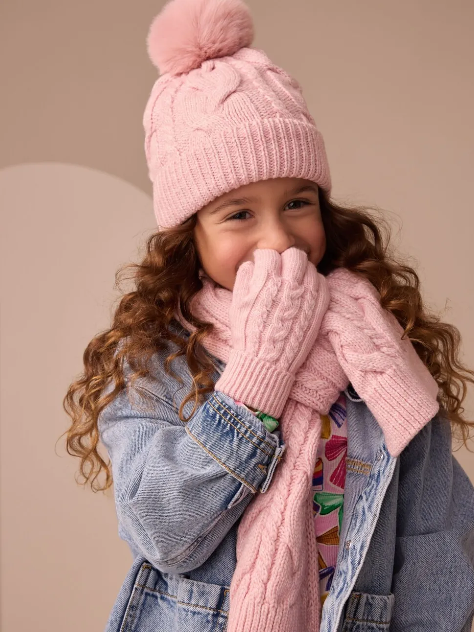 Roze - Kabelmuts, sjaal en handschoenenset (3-16jr)