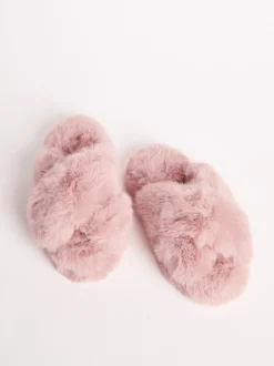 Roze - Lipsy pantoffels van imitatiebont met gekruiste banden