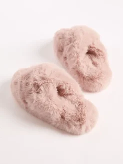 Roze - Lipsy pantoffels van imitatiebont met gekruiste banden