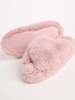 Roze - Lipsy pantoffels van imitatiebont met gekruiste banden