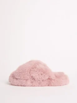 Roze - Lipsy pantoffels van imitatiebont met gekruiste banden