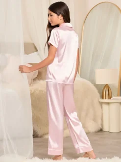 Roze - Lipsy satijnen hemd en pyjamaset met lange pijpen (5-16jaar)