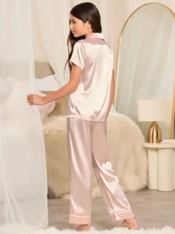 Roze - Lipsy satijnen hemd en pyjamaset met lange pijpen (5-16jaar)