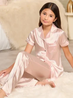 Roze - Lipsy satijnen hemd en pyjamaset met lange pijpen (5-16jaar)