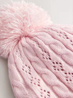 Roze - Pointelle kabelgebreide muts met pompon (0mnd-2jr)