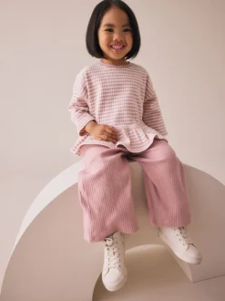 Roze - Set met geribbelde top met lange mouwen en broek met wijde pijpen (3mnd-7jr)
