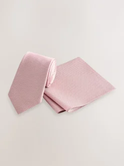 Roze - Set met textuurrijke stropdas en pochet