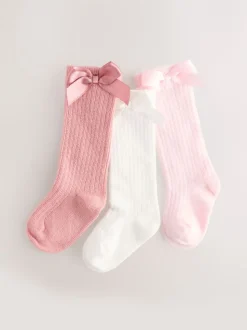 Roze - Set van 3 kniehoge Baby Sokken met Strik (0mnd-2jr)
