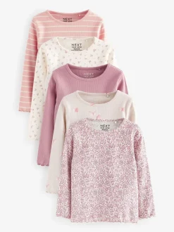 Roze - Verpakking van 5 geribbelde tops met lange mouwen (3mnd -7jaar)