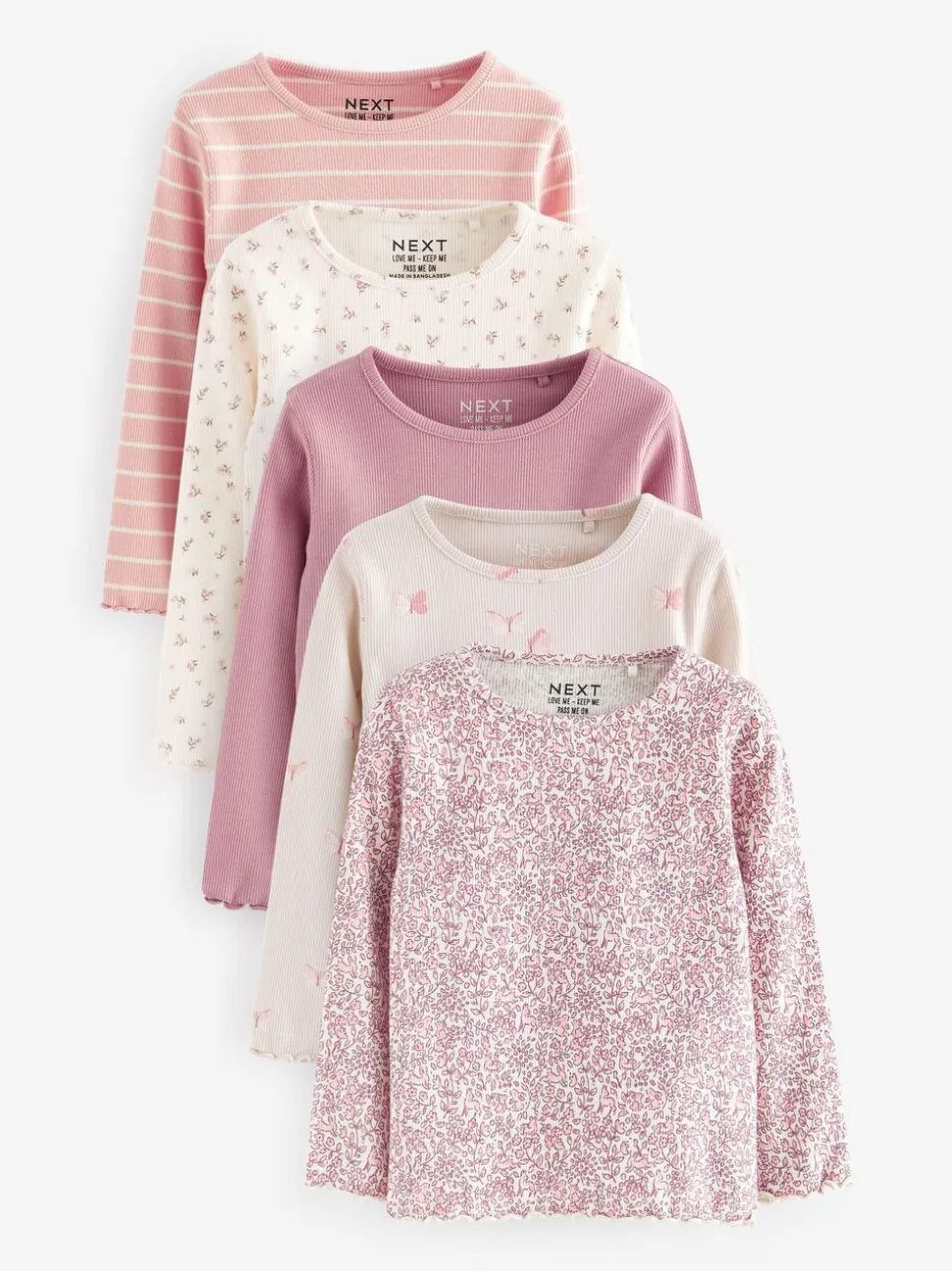 Roze - Verpakking van 5 geribbelde tops met lange mouwen (3mnd -7jaar)
