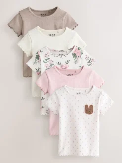 Roze - Verpakking van 5 geribbelde tops met korte mouwen (3mnd -7jaar)