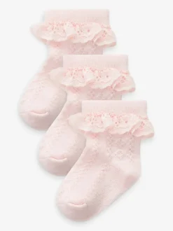 Roze - Verpakking van 3 paar babysokken met kant