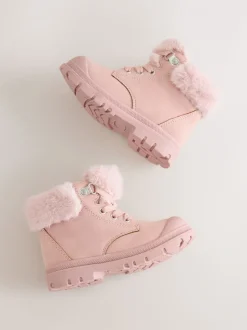 Roze - Veterlaarzen met imitatiebontvoering
