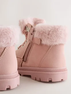 Roze - Veterlaarzen met imitatiebontvoering